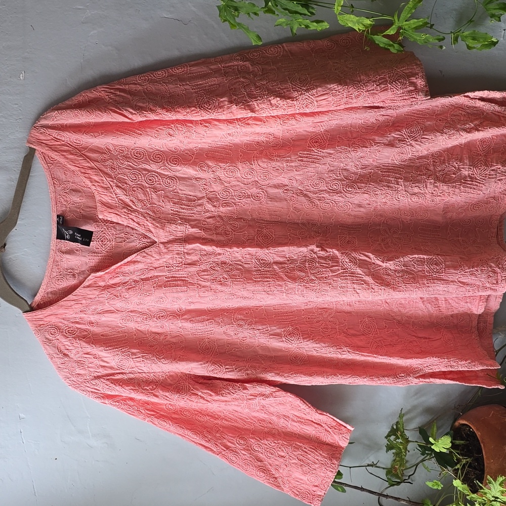 Embroidered Pale Pink 3/4 Sleeve Tunic Shirt FOCUS CASUAL LIFE sz M
